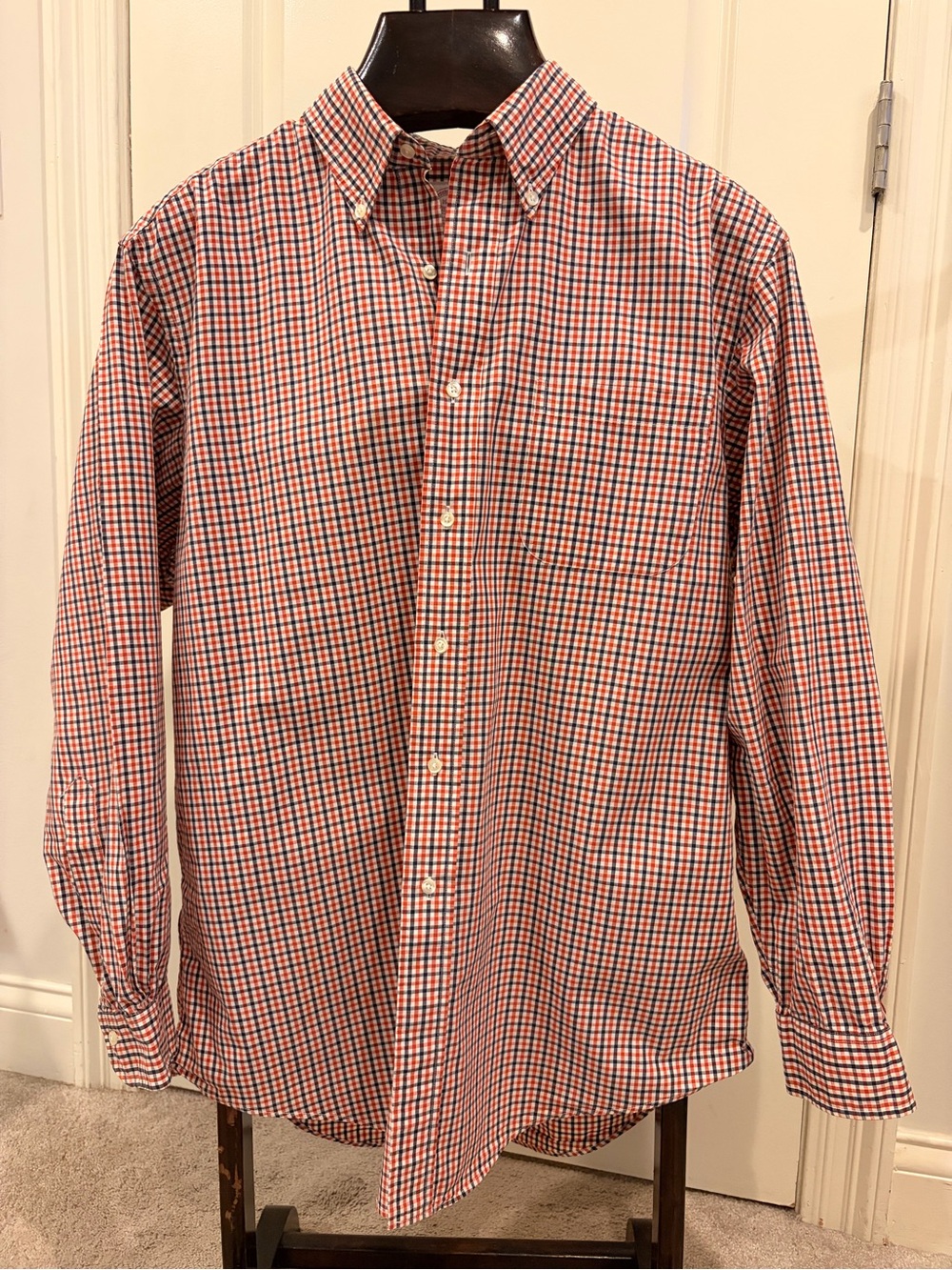 Vintage Brooks Brothers Makers Shirt 16.5 34 USA Red Navy Check Cotton